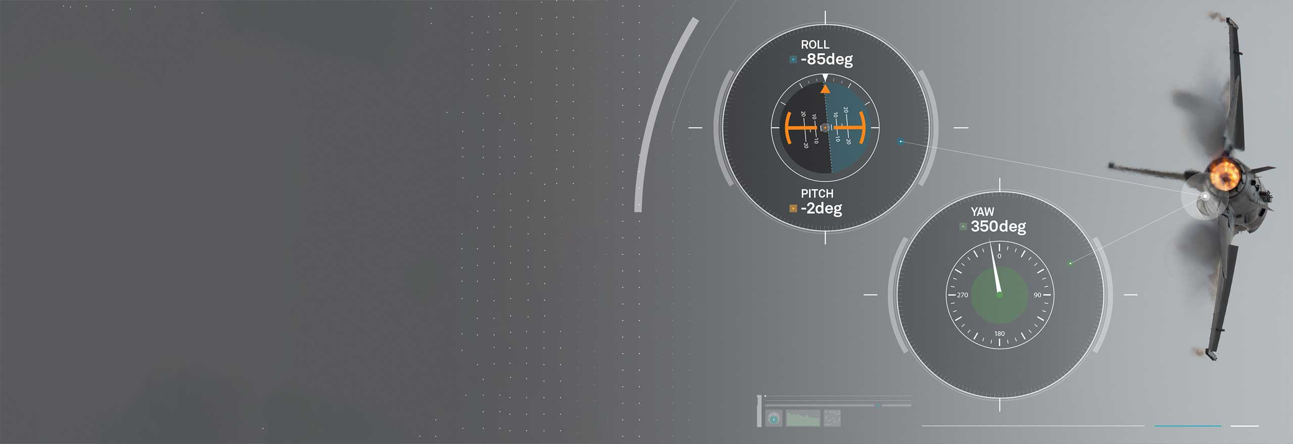 A flying jet making a hard turn and inertial measurements are shown in a pull-out graphic.