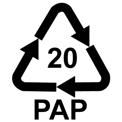PAP と 20 の表記で三角形を形成した 3 つの黒い時計回りの矢印 (PAP 20:段ボール)